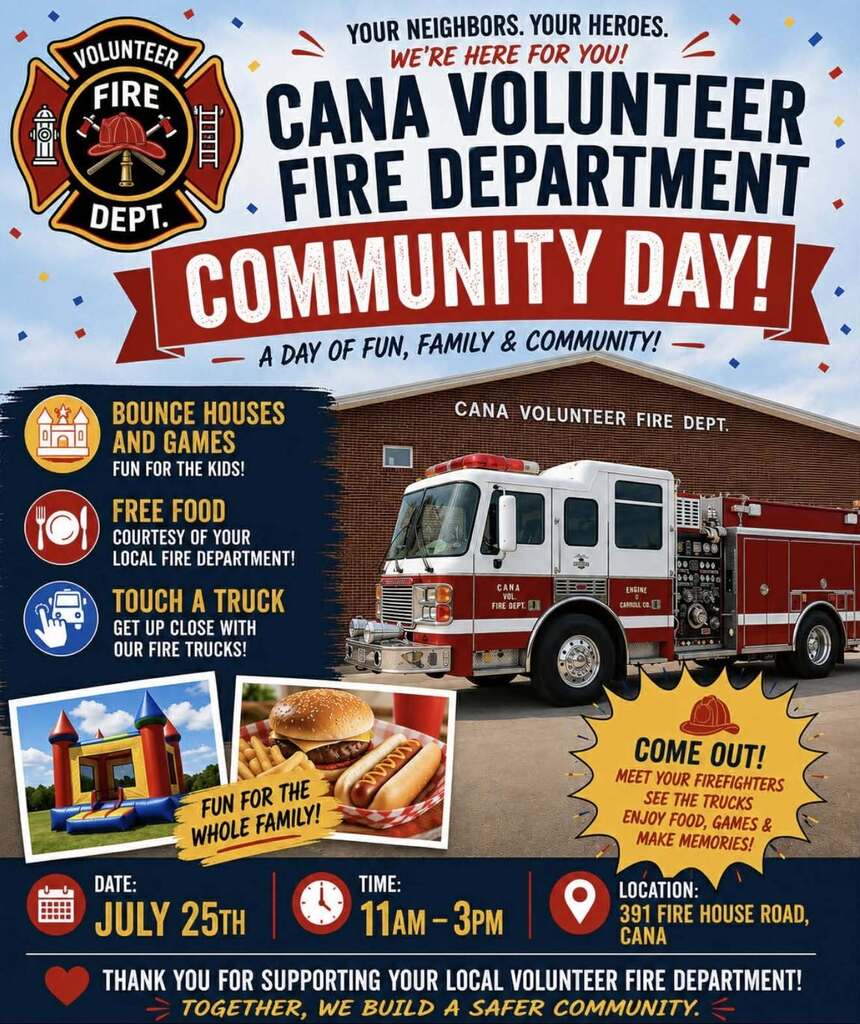 Community Day Event at the Cana Fire House on July 25th from 11am-3pm