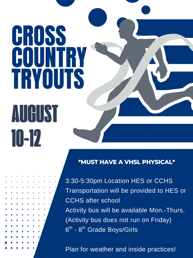Cross country tryouts begin August 10 from 3:30-5:30.
