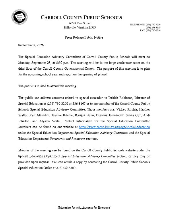 Upcoming Special Education Advisory Committee Meeting Announcement 
