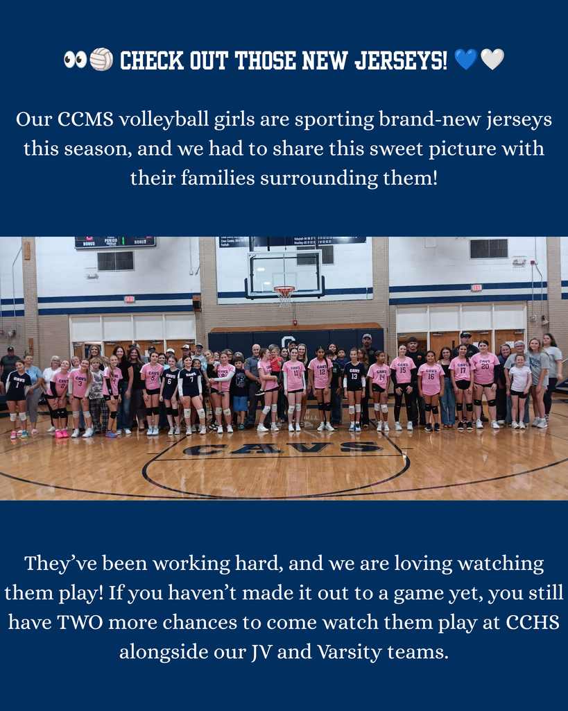  DAYNA BLOOMER <dmbloome@ccpsd.k12.va.us> 6:08 AM (19 minutes ago) to me  👀🏐 Look at those new jerseys! 💙🤍  Our CCMS volleyball girls are sporting brand-new jerseys this season, and we had to share this sweet picture with their families surrounding them!  They’ve been working hard, and we are loving watching them play! If you haven’t made it out to a game yet, you still have TWO more chances to come watch them play at CCHS alongside our JV and Varsity teams. CCMS girls volleyball standing with their families.