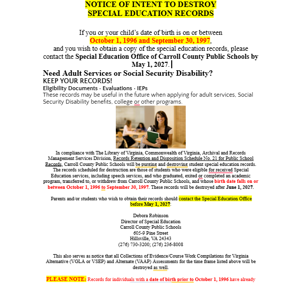 Destruction of Special Education Files