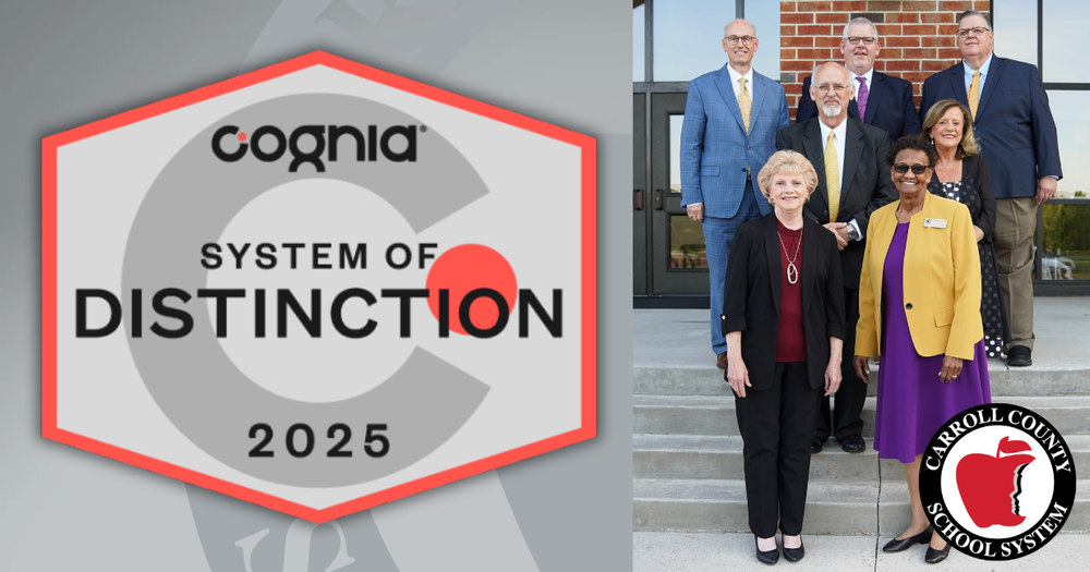 Cognia system of distinction logo flanks the members of the carroll county board of education