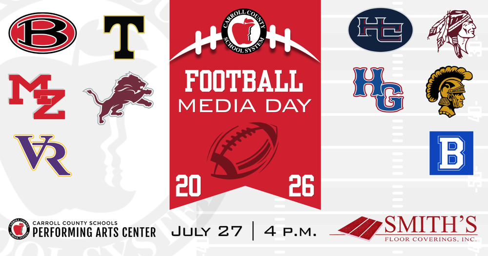 Football media day July 27 with logos for various schools and sponsors