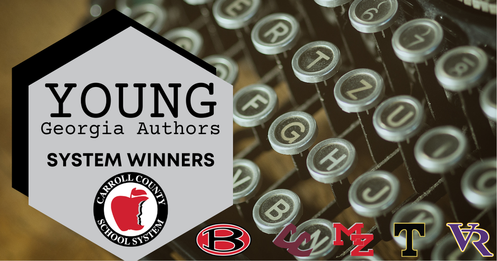 Young Georgia Authors System Winners graphic over a photo of a typewriter keyboard