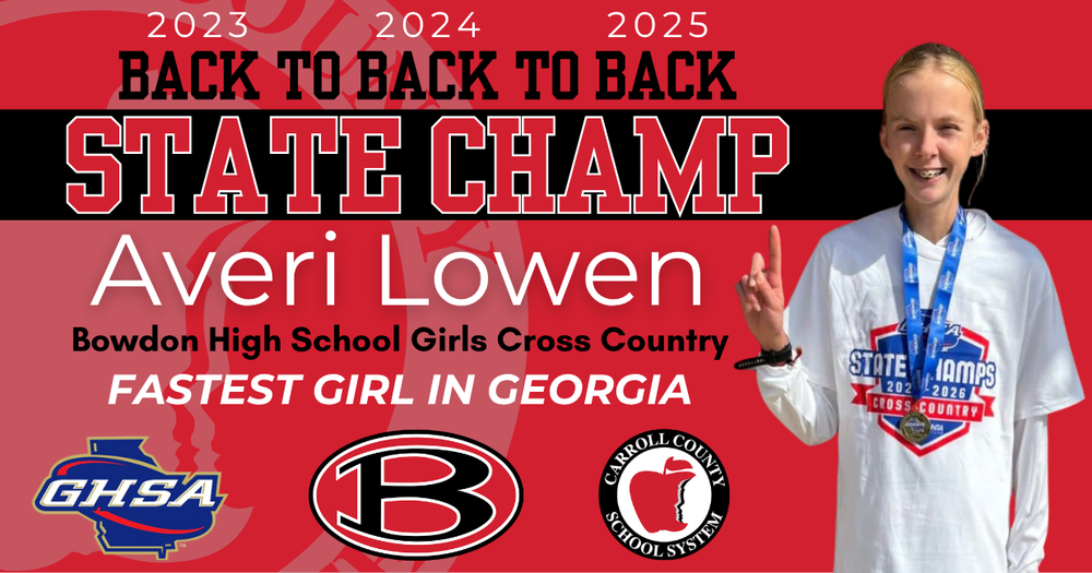 Bowdon High School junior runner Averi Lowen in the back to back to back girls cross country state champion