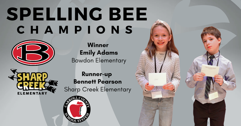 Spelling Bee Champions Winner emily adams bowdon elementary runner up bennett pearson sharp creek elementary