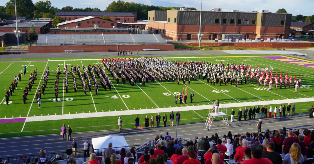 bands on the field at the Carroll County Marching Band Exhibition