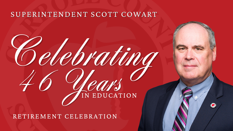 celebrating 26 yers in education superintendent scott cowart headshot with a celebratory graphic on a red field and watermark logo