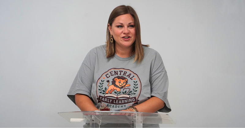 teacher beth hobbs speaks during the ceremony