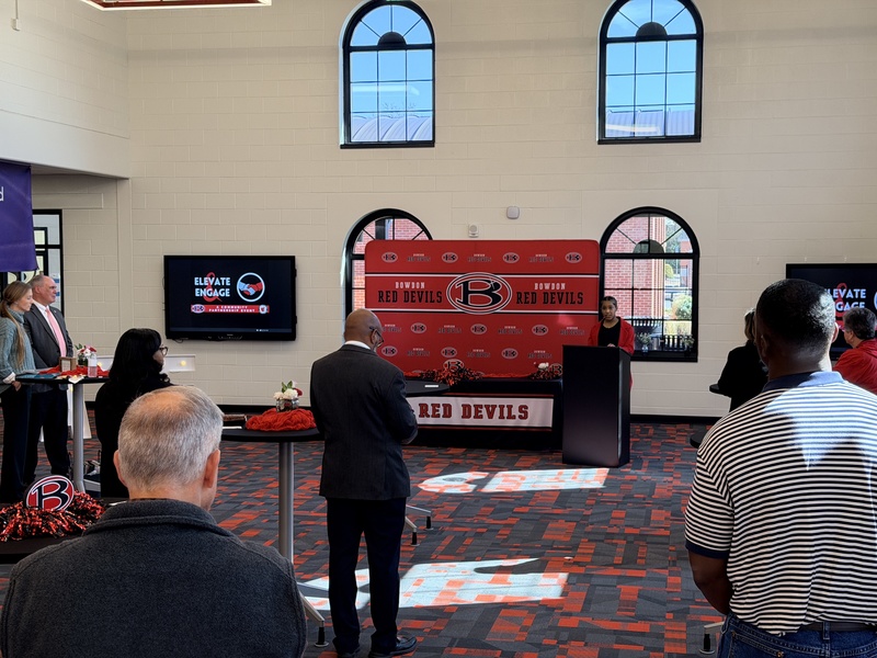 Bowdon community partners gather at the BHS media center for a partnership celebration