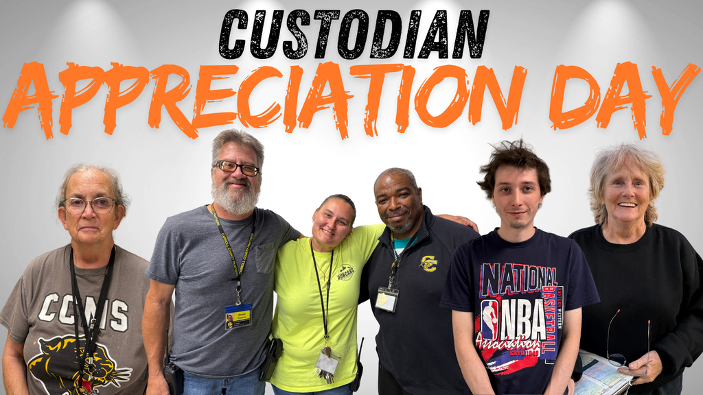 Picture of all the CCMS custodians with black and orange text above them that says Custodian Appreciation Day