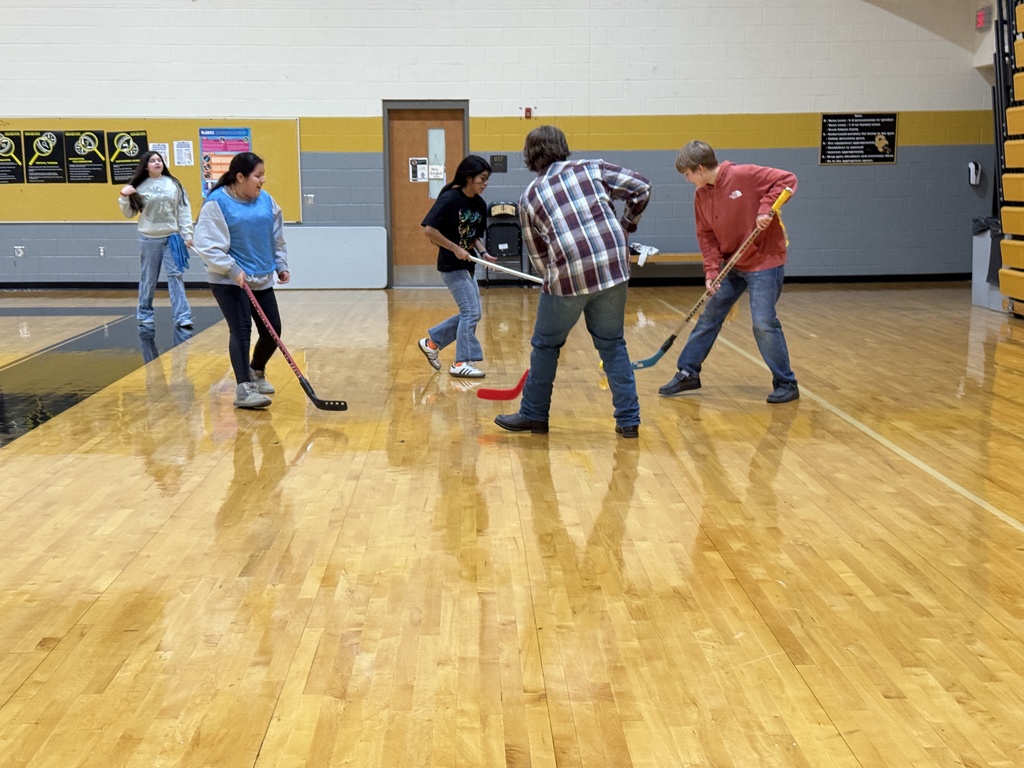 Students learning field hockey.