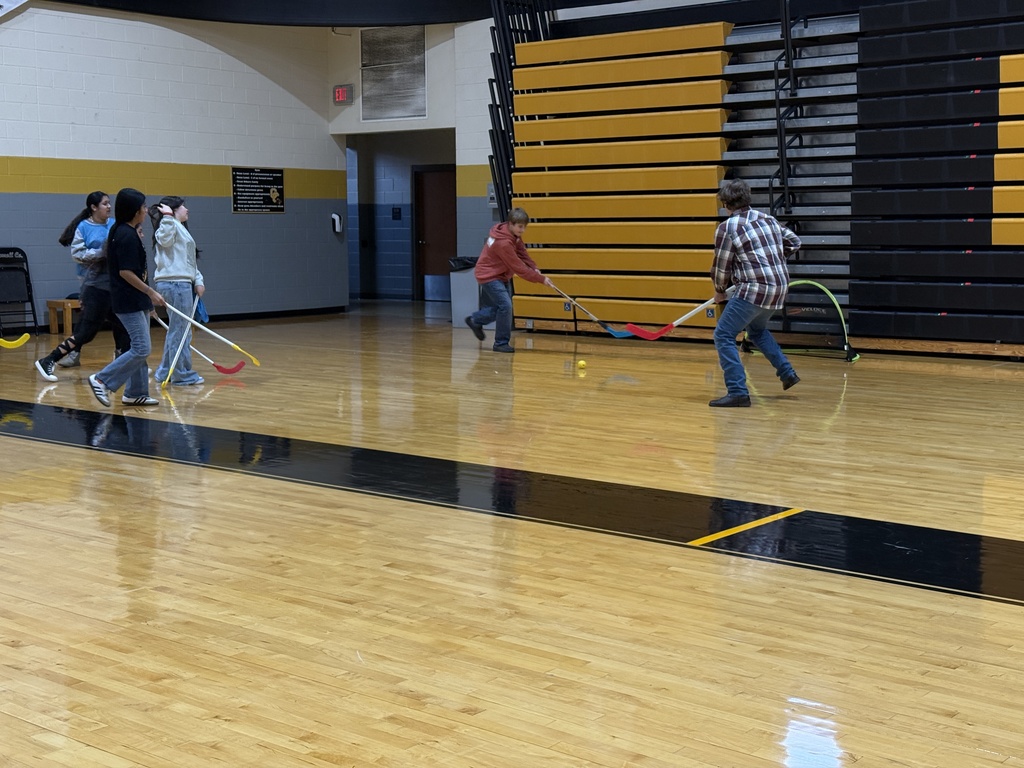 Students learning field hockey.