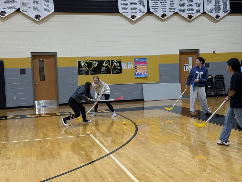 Students learning field hockey.