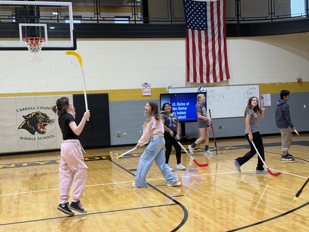 Students learning field hockey.