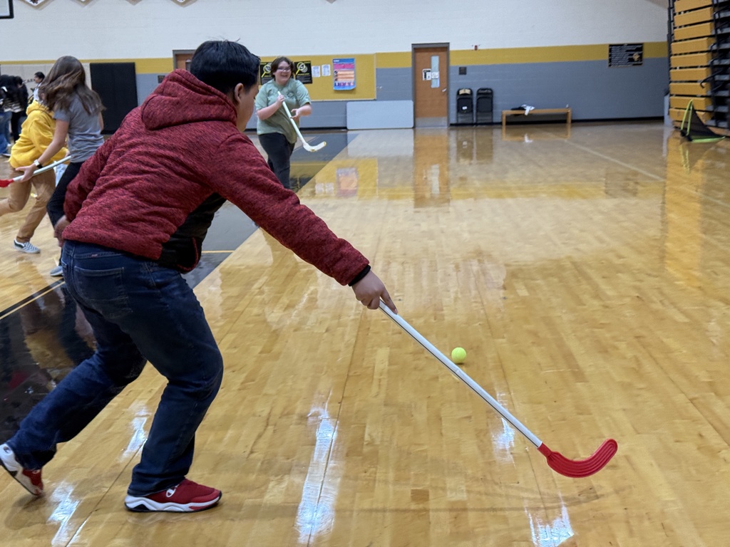 Students learning field hockey.