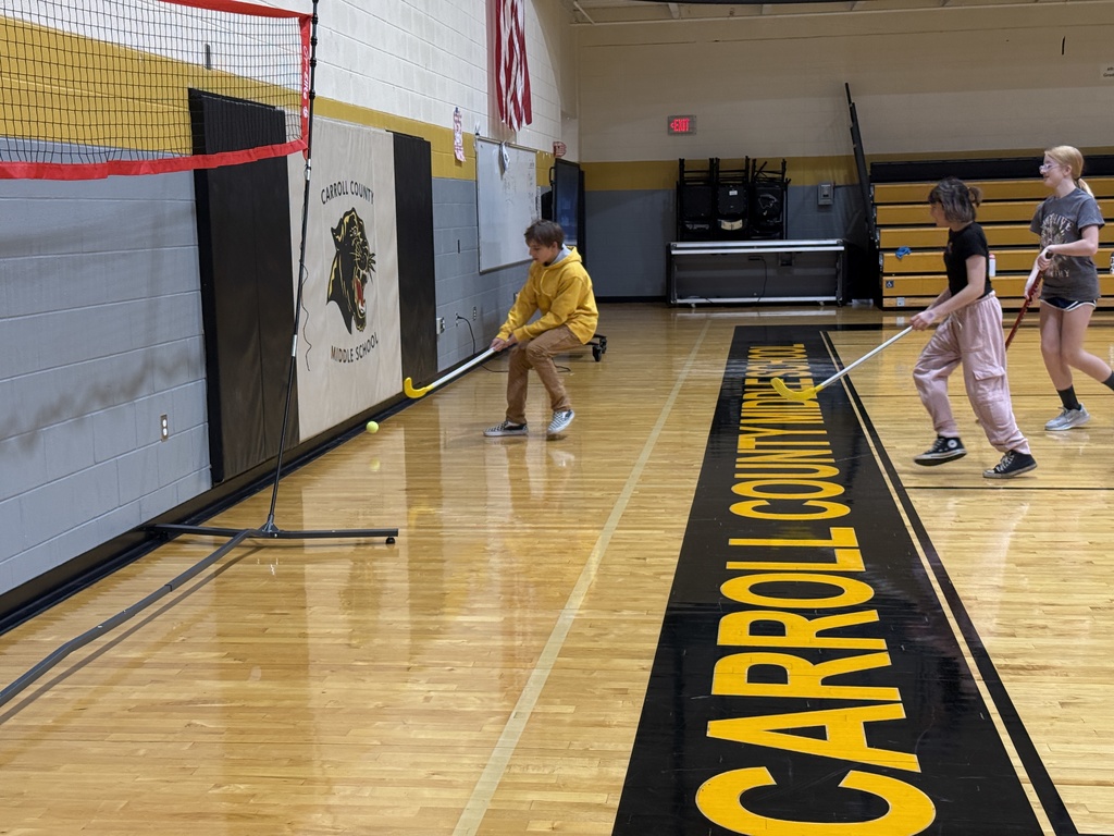 Students learning field hockey.