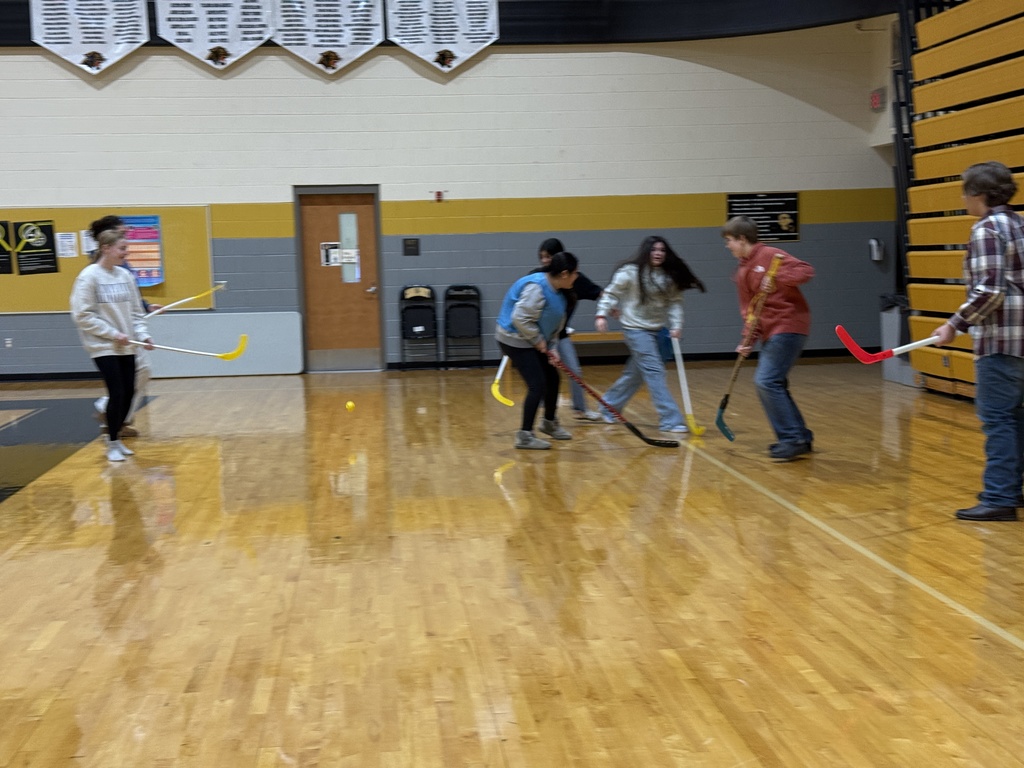 Students learning field hockey.