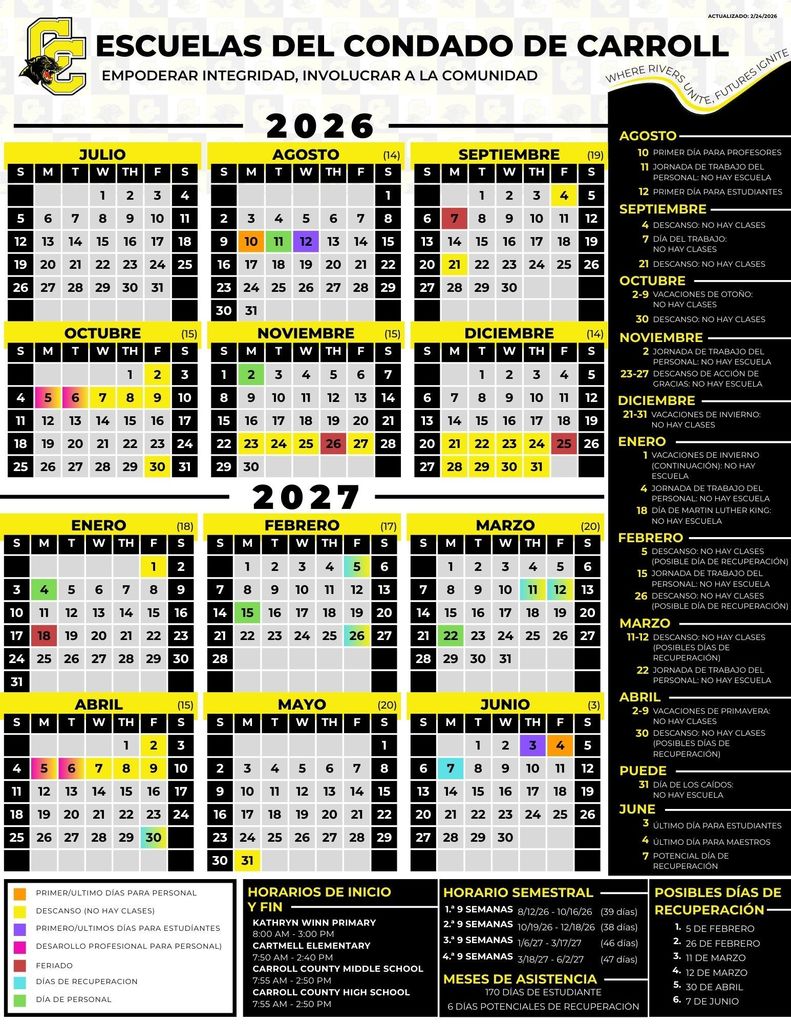 2026-2027 school calendar Spanish version