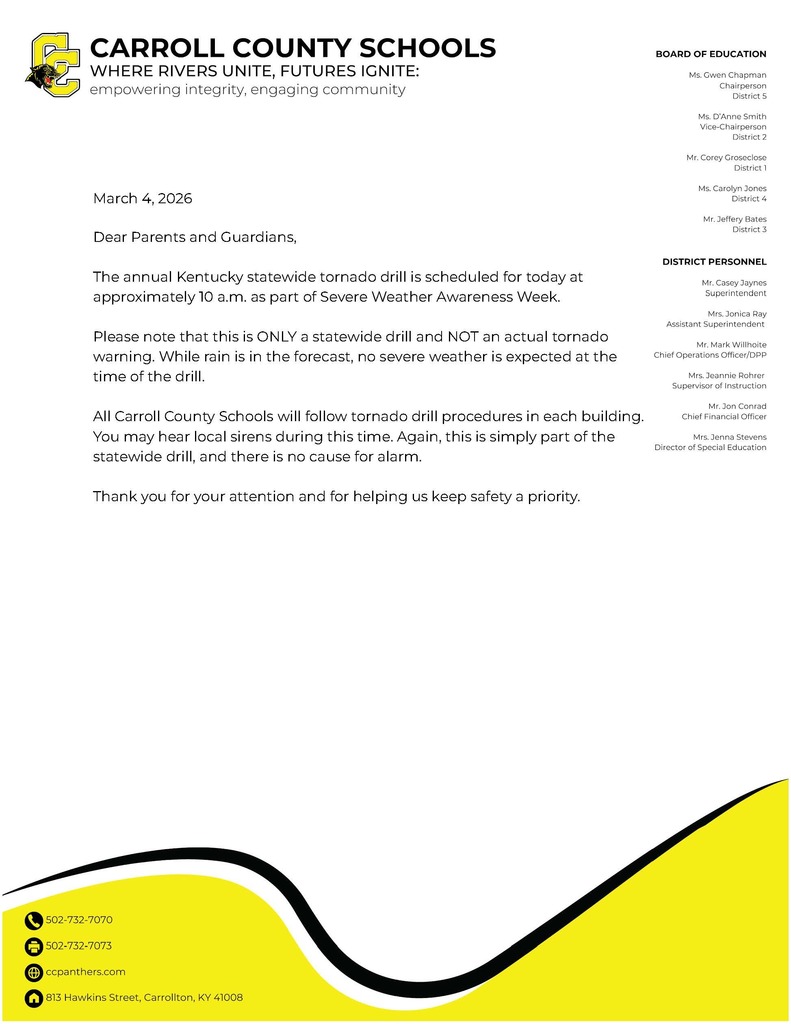 Tornado drill reminder