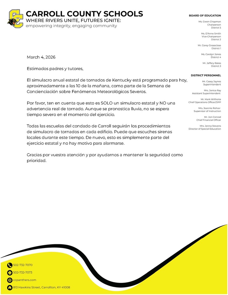 Tornado drill reminder Spanish version