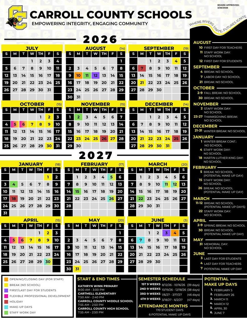 2026-2027 school calendar English version