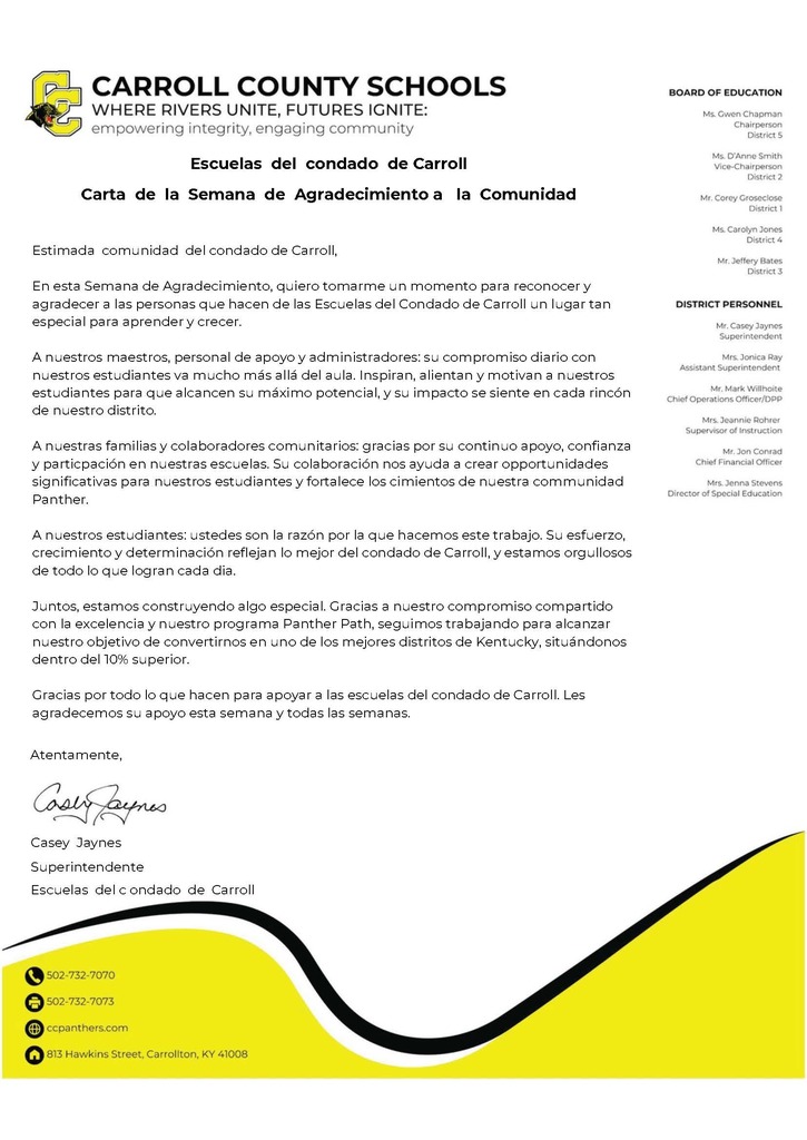 appreciation letter from superintendent Spanish version