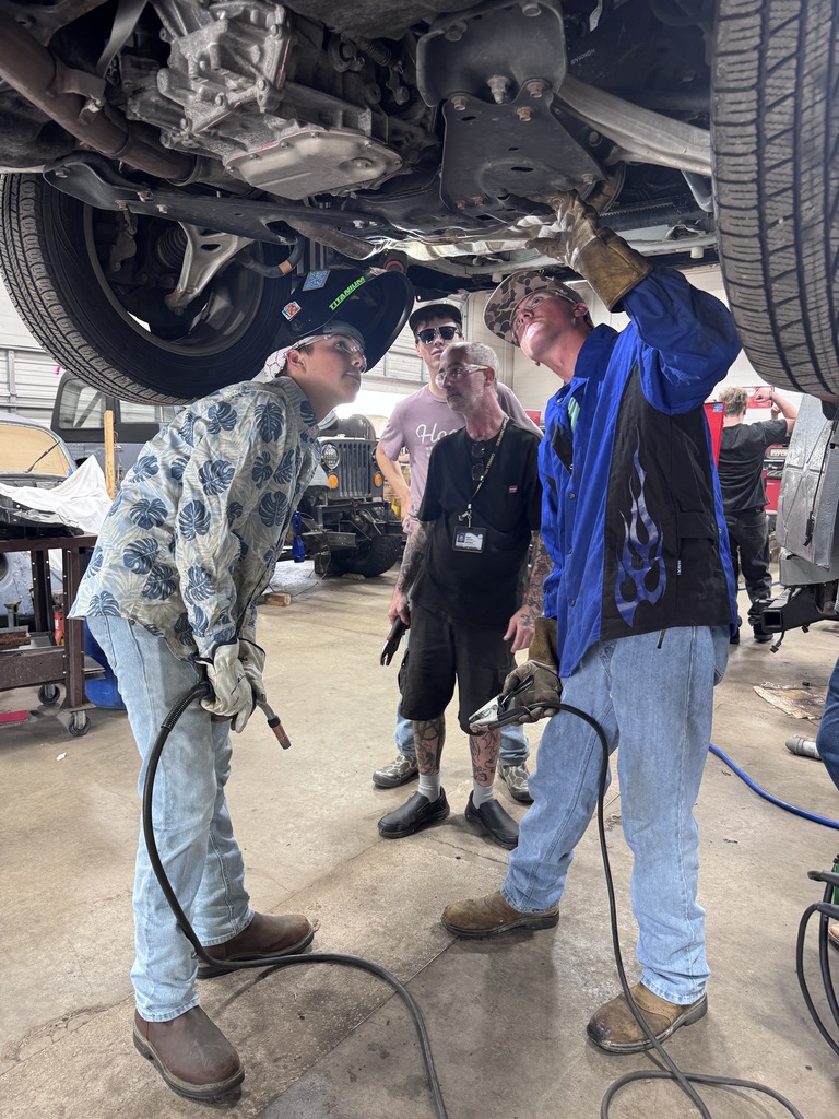 students working on car