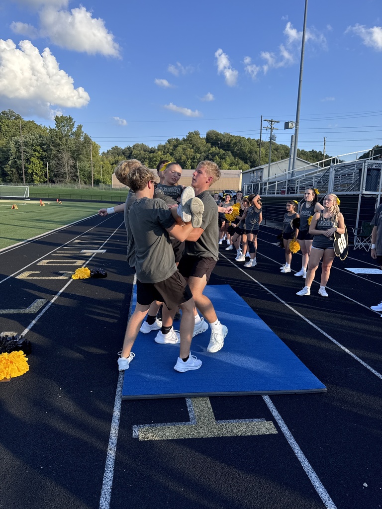 Cheerleaders preparing for a stunt