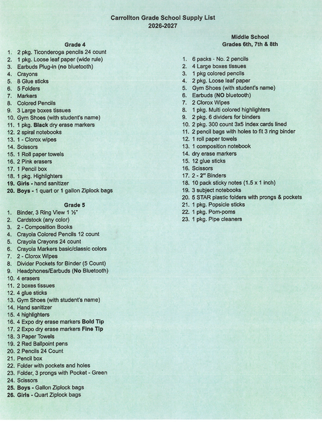 Carrollton Grade School Supply List 2026 - 2027