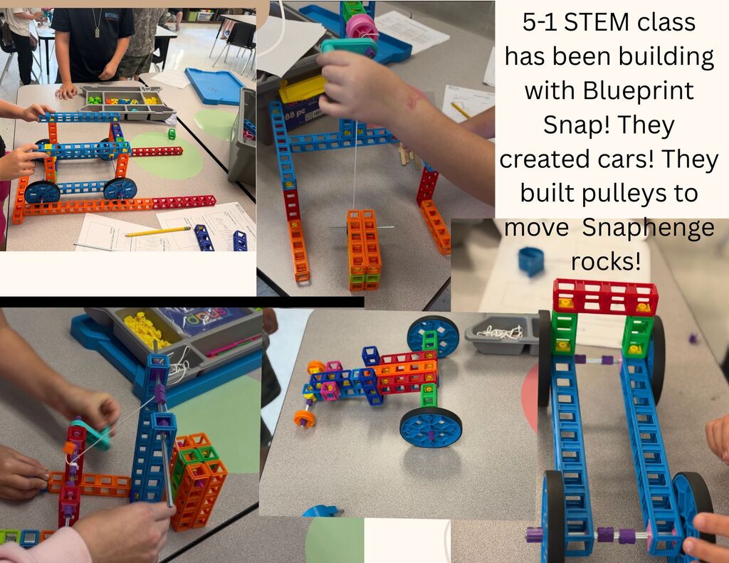 5th Grade STEM building with Blueprint Snap creating cars and pulleys.