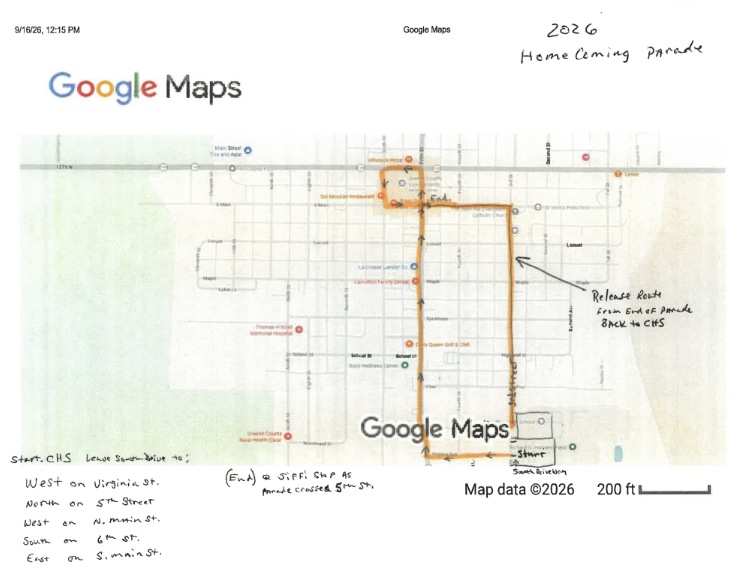 HOMECOMING WEEK!  Please be aware of the Parade Route on Friday.   Parade will leave HS Parking lot and head west on Virginia St. Then North on 5th St. to the Square and West on N. Main, South on 6th St. then East on S. Main.
