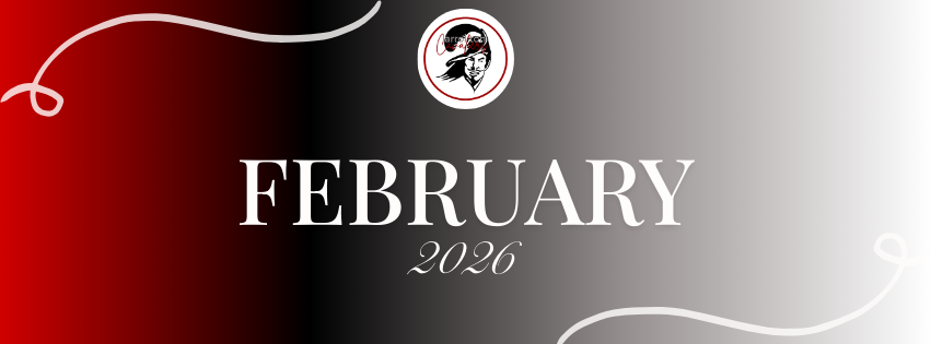 Graphic with a red-to-black-to-gray gradient background featuring decorative white curved lines and a small Cavalier logo at the top. Large centered text reads “February 2026.”