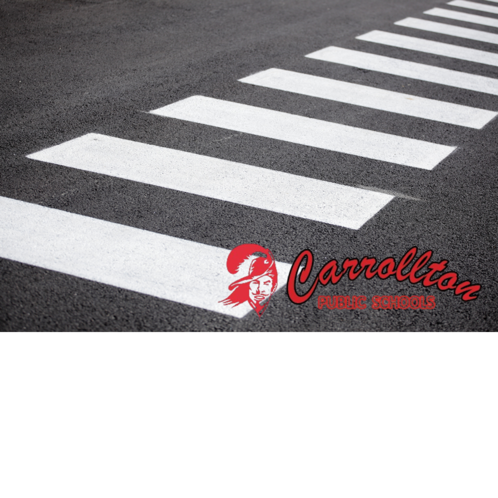 A graphic from Carrollton Public Schools featuring a crosswalk background. Large red text at the top reads, "Do you plan for your student to walk to or from school next year?" The Carrollton Public Schools logo is centered below the text. At the bottom, a message in red says, "If your student will be walking to or from school next year, please take a moment to complete this quick survey. Your input helps us support all of our students. Thank you!" A QR code is centered beneath the text.