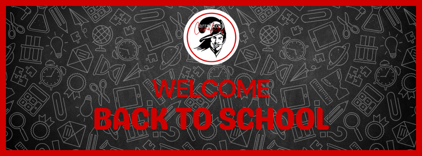 Wide back-to-school graphic featuring a dark gray background patterned with school-themed doodles, including books, pencils, globes, clocks, light bulbs, and calculators. The Carrollton Cavaliers logo appears at the top center. Large red text reads, “WELCOME BACK TO SCHOOL.”