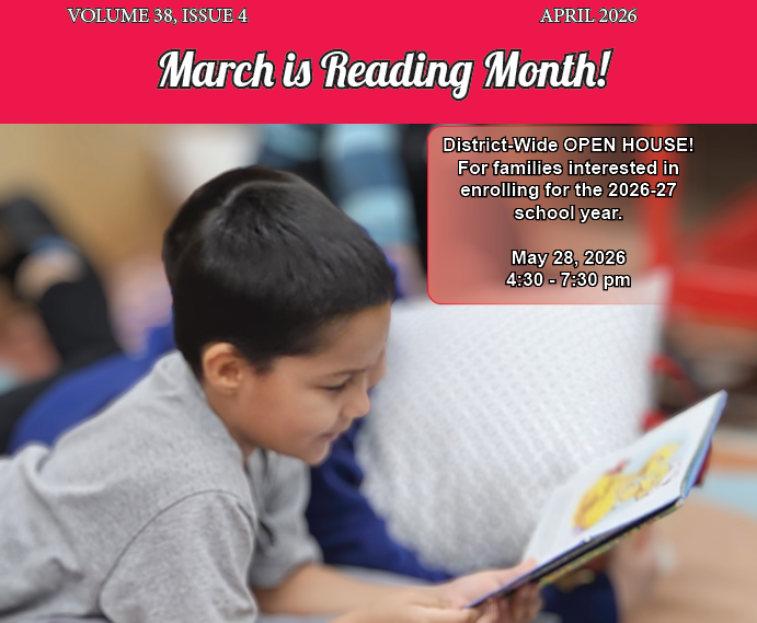 Front cover of the Carrollton Public Schools “Community Connection” newspaper, Volume 38, Issue 4 (April 2026). A red header reads “March is Reading Month!” The main image shows a young student lying on the floor and smiling while reading a book. A text box on the right promotes a “District-Wide OPEN HOUSE! For families interested in enrolling for the 2026–27 school year,” scheduled for May 28, 2026 from 4:30–7:30 pm. The bottom section includes the text “The Newspaper of Carrollton Public Schools” and “Carrollton Community Connection,” along with the Cavaliers logo.