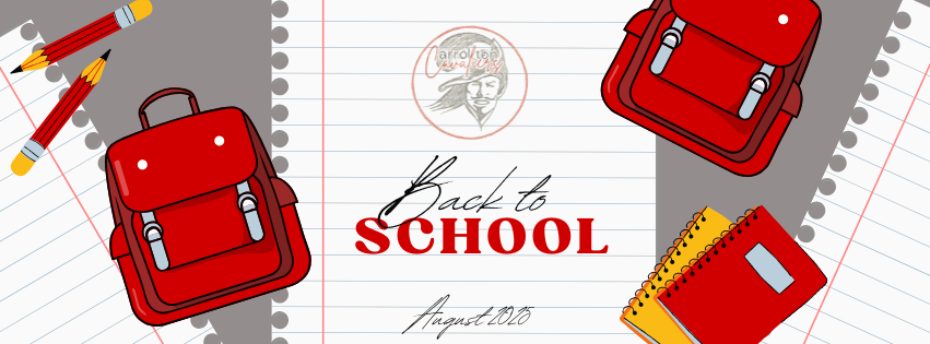Illustrated "Back to School" banner featuring red backpacks, notebooks, and pencils on lined notebook paper. The text "Back to SCHOOL" is centered in black and red script, with "August 2025" below. The Carrollton Cavaliers logo appears at the top center.
