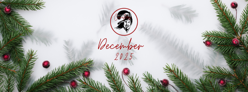 A festive banner with evergreen branches and red berries framing a white background. At the center is the Carrollton Cavaliers logo above the handwritten text “December 2025” in red script.