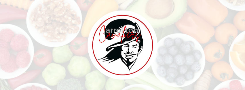 A circular Carrollton Cavaliers logo is centered on a faded background of assorted healthy foods. The logo features a bold black-and-white illustration of a Cavalier with a hat, outlined by a red ring and red script lettering. Behind the logo, a light collage of fresh foods—such as blueberries, avocados, tomatoes, walnuts, broccoli, and peppers—fills the space, softly blurred to highlight the logo.