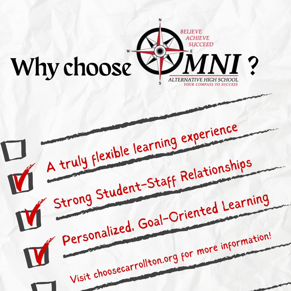Promotional graphic asking “Why choose OMNI?” with the Omni Alternative High School logo and compass icon. The text highlights three checked benefits: “A truly flexible learning experience,” “Strong student-staff relationships,” and “Personalized, goal-oriented learning.” A note at the bottom reads, “Visit choosecarrollton.org for more information.” The design uses red and black text on a textured white background.