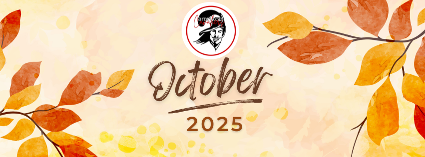 Alt text: A fall-themed graphic with watercolor-style orange, yellow, and brown leaves scattered across a light beige background. In the center, the word “October” is written in a large, elegant brown script font with “2025” printed below it in bold block letters. At the top center is the Carrollton Cavaliers logo, featuring a Cavalier head inside a red and white circle.