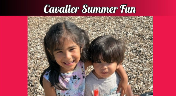 Front cover of the Cavalier Summer Fun newsletter, Volume 38, Issue 1 (August 2025). The main photo shows two smiling children sitting together outdoors on a playground. The older child, wearing a sleeveless shirt with colorful designs, has an arm around a younger child holding a red freezer pop. The headline reads “Cavalier Summer Fun.”