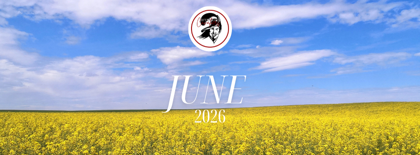 Banner graphic featuring a wide field of bright yellow flowers beneath a blue sky with scattered white clouds. Centered near the top is the Carrollton Cavaliers logo. Large white text in the middle reads “JUNE,” with “2026” displayed below it. The design has a calm, seasonal feel and appears to serve as a June 2026 title or cover graphic.