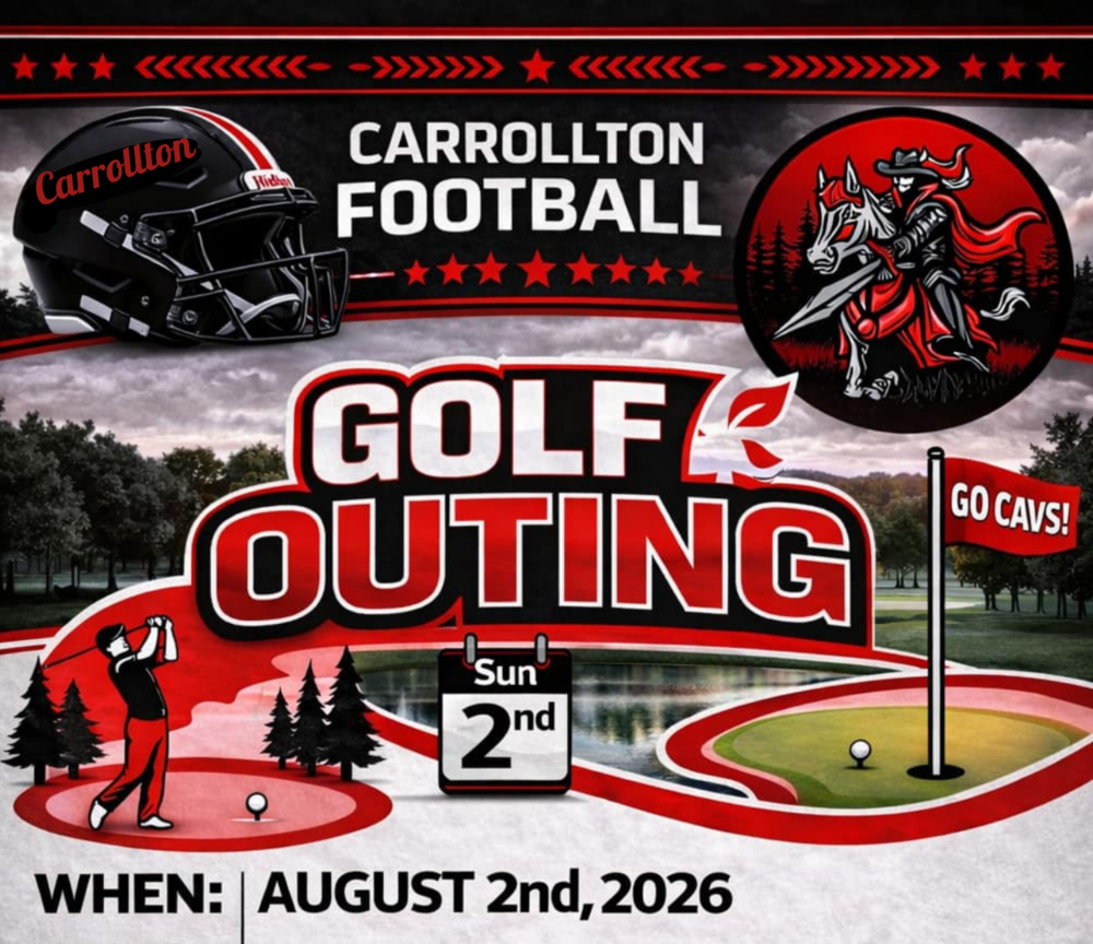 Promotional flyer for the Carrollton Football Golf Outing in black, red, white, and gray. The top features a football helmet with “Carrollton” written on it and a Cavalier-themed logo above the title “Carrollton Football.” Large text in the center reads “Golf Outing” with a calendar icon showing Sunday, August 2. The event details state: August 2, 2026, with 8:00 a.m. check-in and a 9:00 a.m. shotgun start at Swan Valley Golf Course, 9521 Highland Green Drive, Saginaw, MI 48609. Registration costs $80 per player or $320 per team. Graphics include a golfer swinging, a golf green with a “Go Cavs!” flag, and a scenic image of the golf course. A QR code and “Scan Me” button are provided for registration. The bottom encourages participants to “Sign Up / Reserve Your Spot Today!” and lists Coach Ehrhart’s contact information: 989-522-0307 and behrhart@gocavs.net.