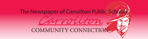 Logo banner for the "Community Connection," the newspaper of Carrollton Public Schools. The background features a red-to-pink gradient. The text reads: "The Newspaper of Carrollton Public Schools" in black, "Carrollton" in red script, and "Community Connection" in black uppercase letters. To the right is a red graphic of the Carrollton Cavaliers mascot wearing a feathered helmet.