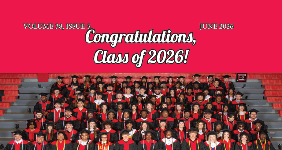 Cover image for the June 2026 Community Connection newsletter from Carrollton Public Schools. Across the top, white text on a red background reads, "Volume 38, Issue 5" on the left, "June 2026" on the right, and the headline, "Congratulations, Class of 2026!" in the center. Below the heading is a large group photo of the Carrollton High School graduating Class of 2026 seated on gymnasium bleachers. The graduates wear black caps and gowns with red stoles, smiling proudly for their class portrait. A Carrollton "C" logo is visible in the upper right corner of the gym bleachers.