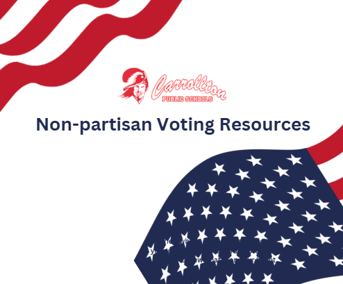Carrollton Public Schools graphic titled “Non-partisan Voting Resources,” featuring the district’s red Cavalier logo above the title. The patriotic design has a white background with red and white waving stripes in the upper left corner and a large navy blue section filled with white stars in the lower right corner.