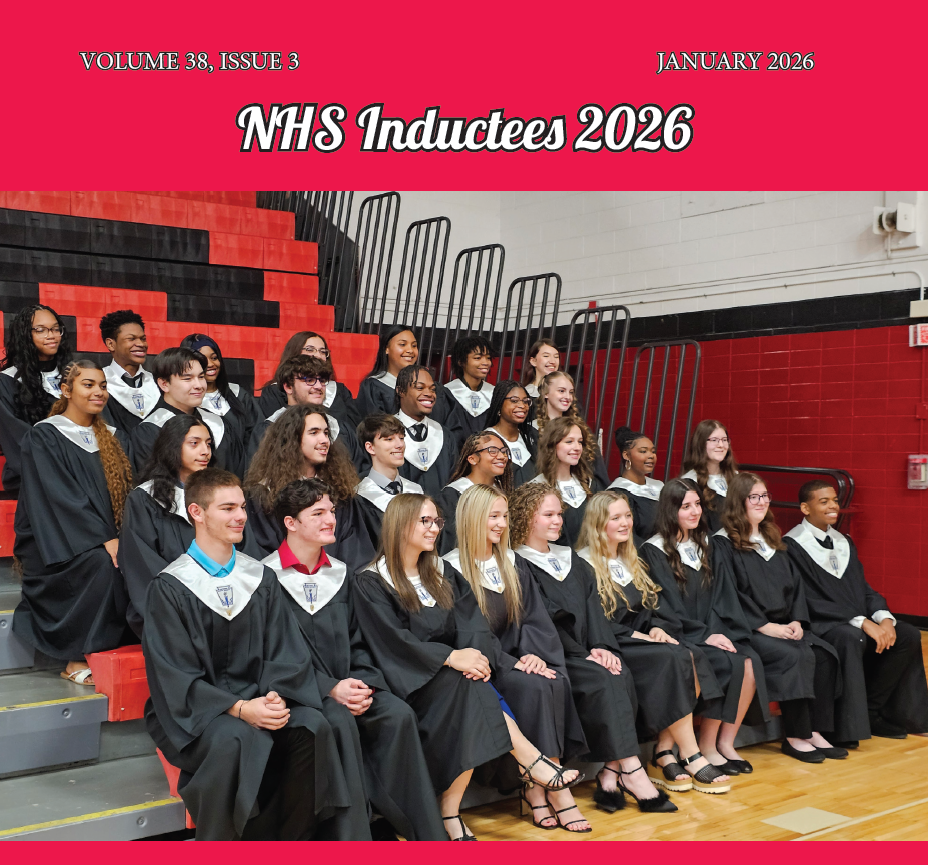 A large group of high school students pose for a formal photo during a National Honor Society induction ceremony. The students are seated on red and black gym bleachers, wearing black graduation-style gowns with white stoles. A red banner across the top reads, “NHS Inductees 2026,” with “Volume 38, Issue 3” on the left and “January 2026” on the right. The photo highlights the newly inducted NHS members in a school gym setting.