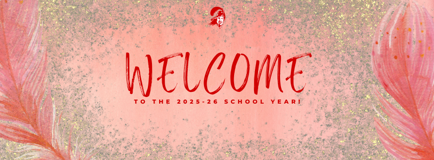 A digital banner with a pink and gold glitter background and feather-like designs on the left and right edges. At the top center is a small red Cavalier head logo. In the middle, large red text reads: “WELCOME.” Beneath it, smaller red text says: “TO THE 2025-26 SCHOOL YEAR!”