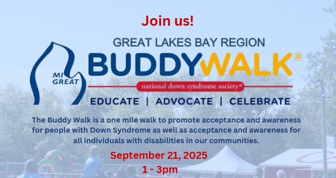 Promotional flyer for the Great Lakes Bay Region Buddy Walk®, organized by the National Down Syndrome Society. The event encourages education, advocacy, and celebration while promoting acceptance and awareness for people with Down Syndrome and all individuals with disabilities. Event details: Date & Time: September 21, 2025, from 1–3 pm   Schedule: 12:30 pm in-person registration, 1 pm official walk, 1–3 pm games, food, and entertainment   Location: Carrollton Public Schools High School stadium, 1235 Mapleridge Rd., Saginaw, MI 48604   Contacts: Email glbrbuddywalk@gmail.com | Website MIGREATBUDDYWALK.com | Facebook: Mi Great Buddy Walk   QR code included at bottom of flyer   Background image shows people walking on a track, with children, families, and tents set up for activities.